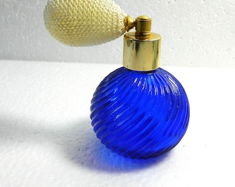 Vintage Blue Swirl  Glass Perfume Bottle Atomizer Spray Pump Vanity Decorative
