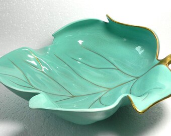 Vintage Carltonware large Leaf Dish Turquoise Gold Hand painted Australian
