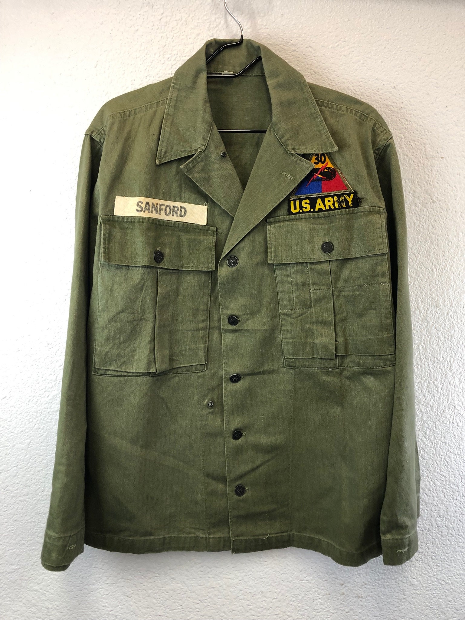Vintage US Army M43 HBT Jacket Military Shirt WW2 OD 36R 13