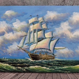 Oryginalny obraz olejny na płótnie rozciągniętym na blejtramie. Statek Ocean Birds Duży zabytkowy statek Clipper Żagiel