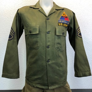 US Army 1950/60’s OG-107 Cotton Sateen Fatigue Shirt Utility Uniform Type I (1st issue) 13 Star Buttons Staff Sergeant Named GI Grizzly