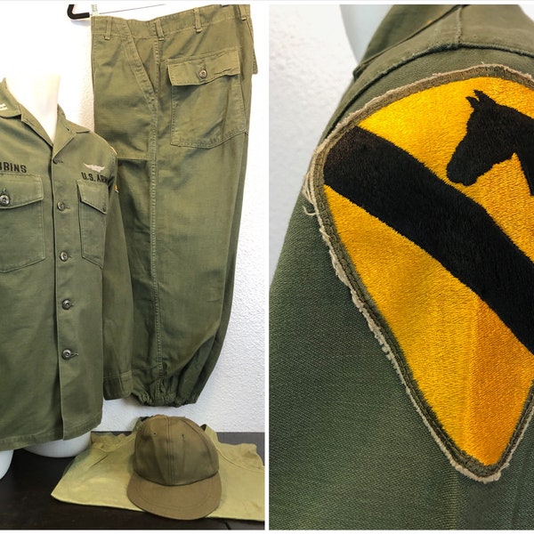 US Army 1960s-70s Vietnam War Pilot 1st Cav Named Officer OG-107 Shirt Full Uniform Pants Cap T-shirt Belt great embossed patches insignia