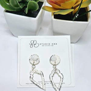White Rose Polymer Clay Dangle Earrings – Handmade Floral Earrings with Silver Findings, Lightweight Romantic Jewelry Gift for Her