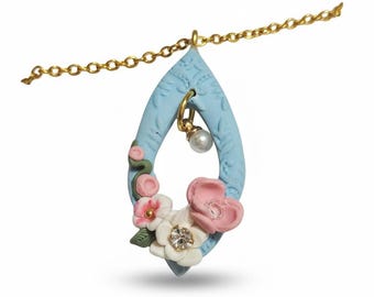 Romantic Pearl Pendant Necklace • Feminine Blue Lace Polymer Clay Jewelry • Luxury Minimal Statement Necklace • Limited Capsule