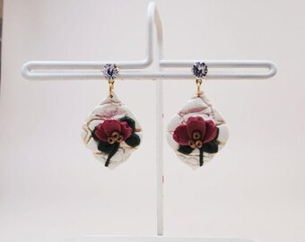 Red Flower Dangle Earrings: Polymer Clay, Zirconia Accent – Handmade Polymer Clay Jewelry, Lightweight & Hypoallergenic Gift for Her