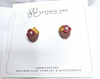 Mini Acorn Stud Earrings: Polymer Clay, Pink Flower & Pear Detail – Handmade Polymer Clay Jewelry, Lightweight  Hypoallergenic Gift for Her