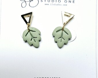 Hunter Green Leaf Earrings: Polymer Clay Dangle, Gold Triangle – Handmade Polymer Clay Jewelry, Lightweight & Hypoallergenic Gift for Her