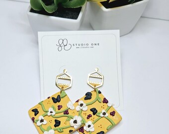 Mustard Yellow Floral Clay Earrings  – Handmade Polymer Clay Jewelry, Lightweight & Hypoallergenic Gift for Her