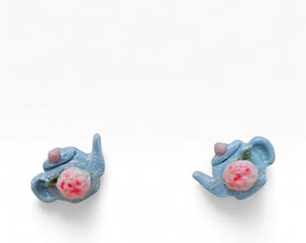Blue Lace Teapot Earrings • Romantic Tea Lover Jewelry • Feminine Polymer Clay Statement Earrings • Limited Capsule