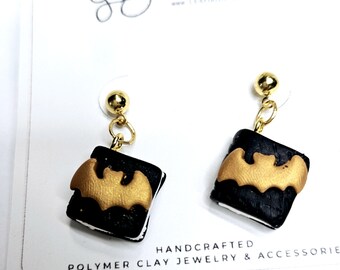 Black Book Halloween Earrings: Polymer Clay Dangle Earrings with Gold Bats – Handmade Polymer Clay Jewelry, Lightweight & Hypoallergenic