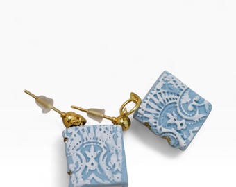 Romantic Book Earrings • Literary Inspired Polymer Clay Jewelry • Blue Lace Feminine Statement Earrings • Limited Edition