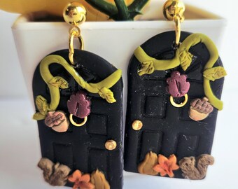 Fall Door Earrings – Polymer Clay Autumn Jewelry, Acorn Leaf Earrings, Handmade Cozy Gift, Lightweight Hypoallergenic, Gold Fall Accessory