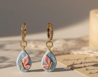 Gold Huggie Earrings with Blue Gem Charm • Romantic Feminine Luxury Jewelry • Polymer Clay Drop Earrings • Capsule Edition
