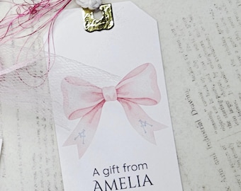 Personalized Coquette Gift Tag | Pink Bow Name Tag for Children | Handmade Favor Tag