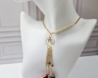 Christmas Charm Necklace – Gold Tie-On with Clay Charms & Crystals, CZ Flower Drop, Handmade Holiday Jewelry, Festive Gift for Her