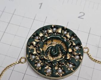 Emerald and Gold Serpent Medallion Bracelet | Textured Snake Charm | Mystical Polymer Clay Jewelry