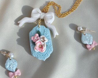 Romantic Blue Lace Bow Pendant Necklace and Earrings Set · Feminine Polymer Clay Jewelry · Luxury Statement Set · Limited Edition Capsule