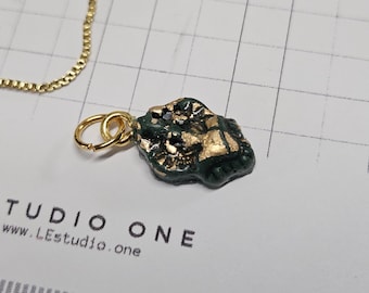 Emerald and Gold Textured Charm Necklace or Bag Charm | Organic Shape | Handmade Clay Jewelry
