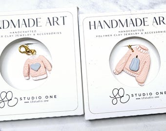 Polymer Clay Sweater Charm: Rose Pink, Gold Clasp, Blue Heart/Pumpkin – Handmade Polymer Clay Jewelry, Lightweight & Hypoallergenic Gift for