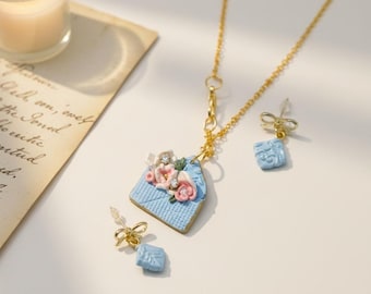 Romantic Love Letter Earrings • Blue Floral Envelope Polymer Clay Jewelry • Feminine Bow Statement Earrings • Limited Edition