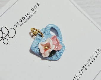 Coffee Mug Charm • Romantic Blue Lace Polymer Clay Charm • Cozy Feminine Jewelry Add-On • Limited Edition