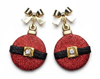 Santa Ornament Earrings – Red Glitter Polymer Clay Jewelry, Christmas Dangle Earrings, Handmade Holiday Gift, Lightweight Festive Accessory