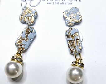 Light Blue Dangle Earrings: Gold Foil, Lace, Pearl - Handmade Polymer Clay Jewelry – Handmade Polymer Clay Jewelry, Lightweight & Hypoallerg