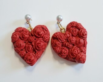 Rose Heart Earrings – Polymer Clay Floral Dangle Earrings with Pearl Studs, Handmade Romantic Jewelry, Lightweight Gift for Her