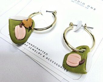 Olive Green Mug Hoop Earrings: Fall Pumpkin Charm, Polymer Clay Jewelry – Handmade Polymer Clay Jewelry, Lightweight & Hypoallergenic Gift