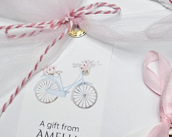 Personalized Bicycle Gift Tag for Children | Custom Kids Favor Tag | Pink Coquette Party Tag | Handmade Gift Packaging