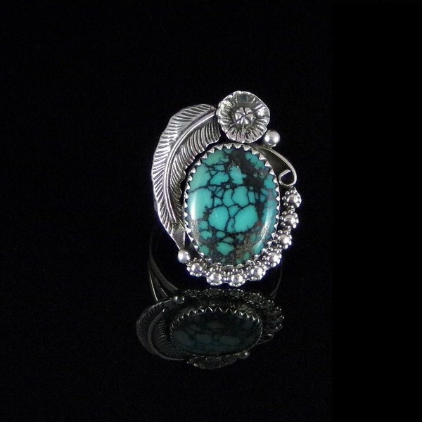 Natural Chinese Spiderweb Turquoise Ring Sterling Silver Handmade Size 7.0