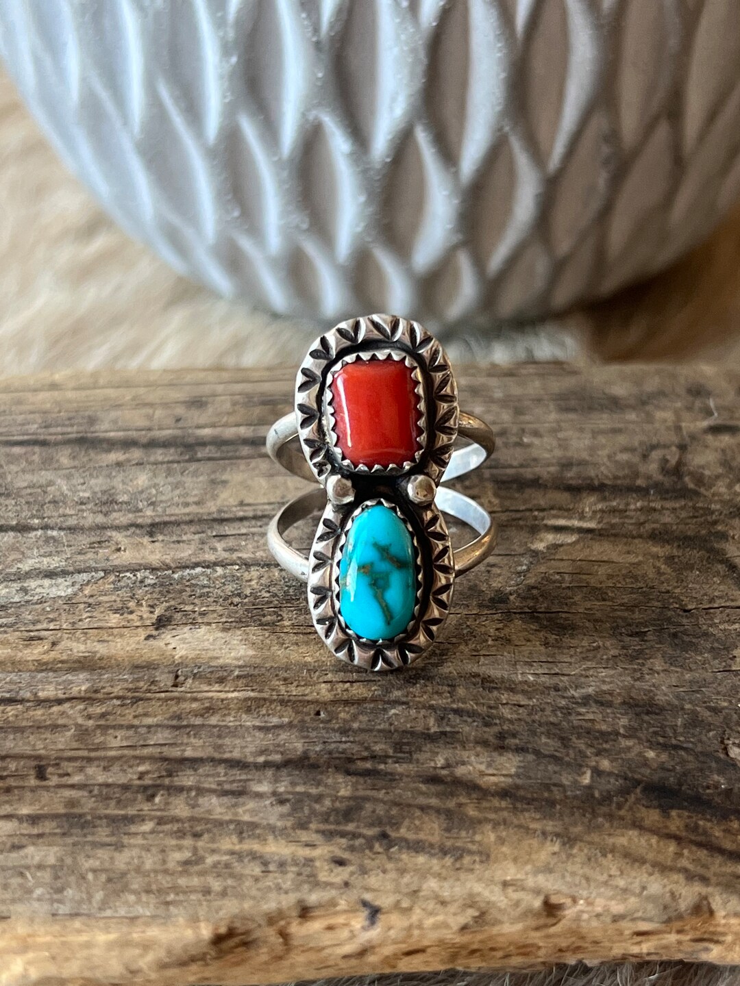 Sleeping Beauty Turquoise and Coral Ring Sterling Silver Handmade Size ...