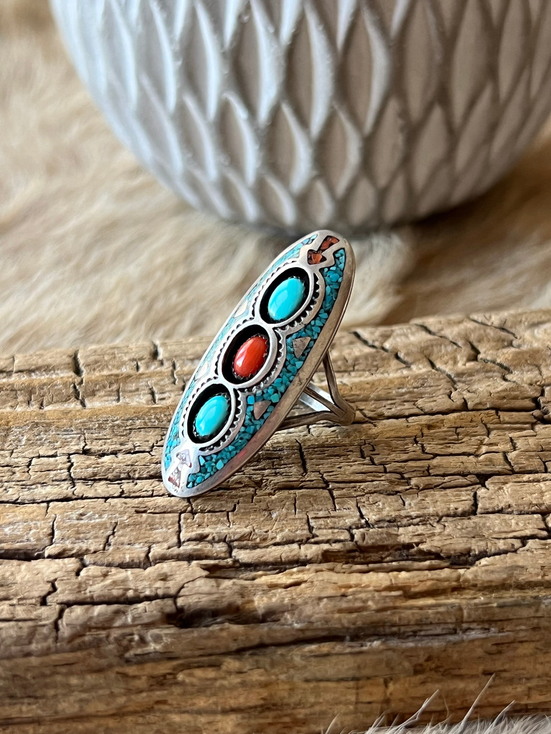 Sleeping Beauty Turquoise and Coral Ring Sterling Silver Handmade Size ...