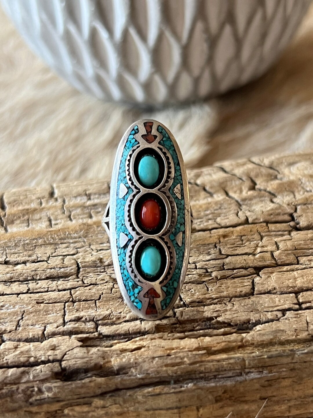 Sleeping Beauty Turquoise and Coral Ring Sterling Silver Handmade Size ...