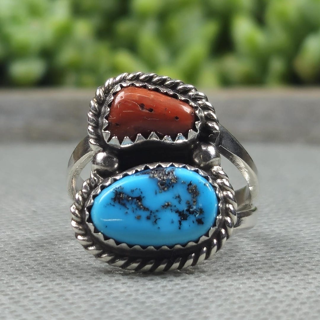 Handmade Sleeping Beauty Turquoise Coral Sterling Silver Ring Size 6.5 ...