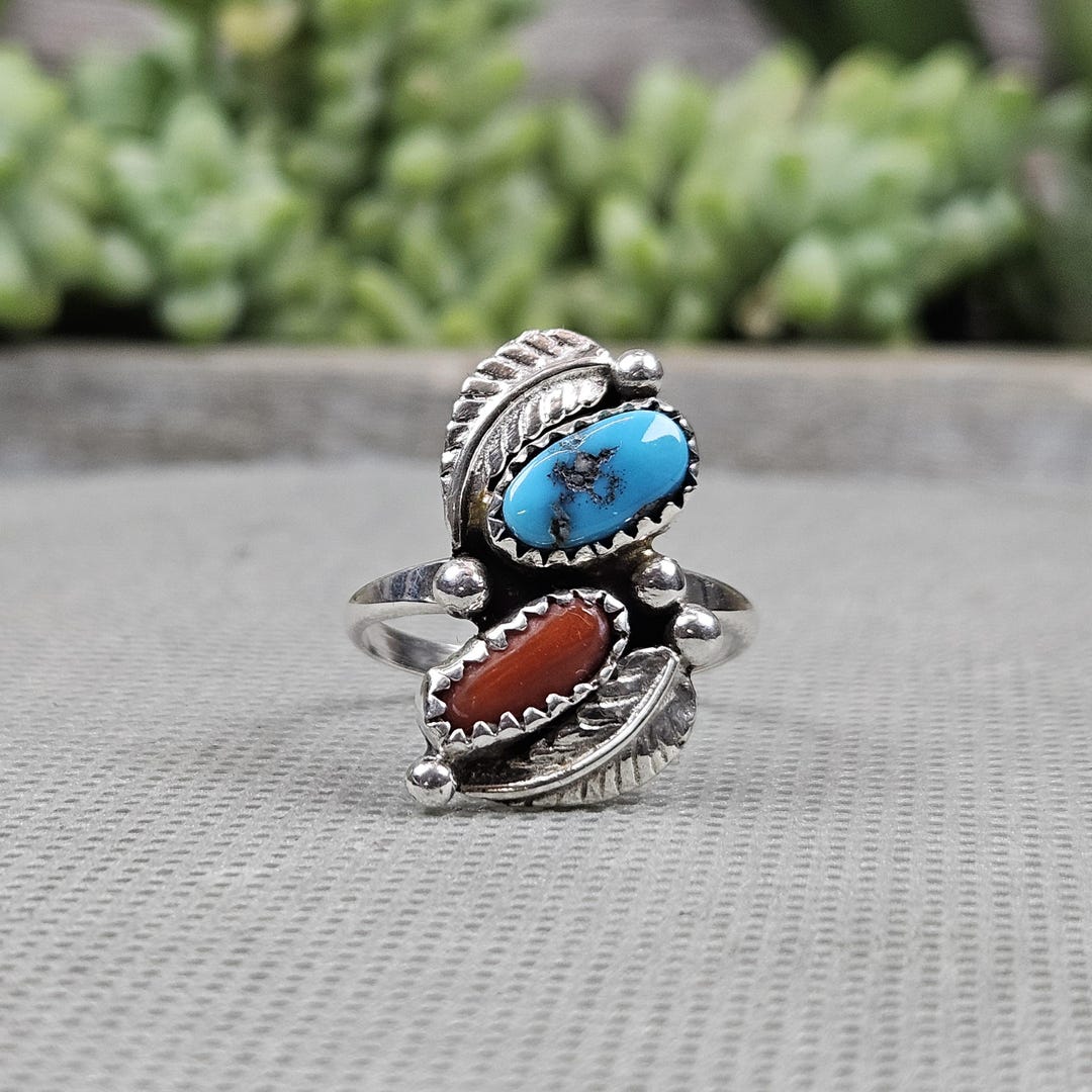 Sleeping Beauty Turquoise Coral Ring Sterling Silver Size 8.5 T.A.B ...