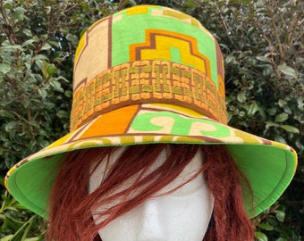 Alice- Vintage Fabric Top Hat w. Adjustable Brim/Mad Hatter: Lime Orange Gold Brown 70s Geometric Vintage Velveteen/60s Jacquard Trim; Large