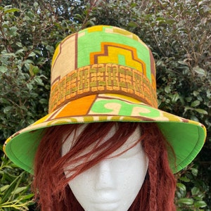 Alice- Vintage Fabric Top Hat w. Adjustable Brim/Mad Hatter: Lime Orange Gold Brown 70s Geometric Vintage Velveteen/60s Jacquard Trim; Large