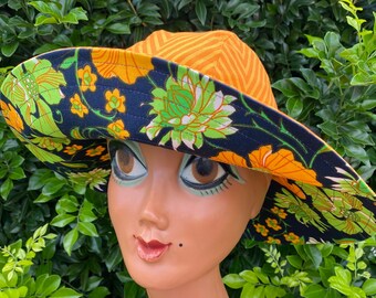 Floppy Reversible Wide Brim Sunhat/ 2 in 1: Navy w. Orange & Lime Tropical Funky Floral Vintage Polished Cotton/Orange Chevron; Small