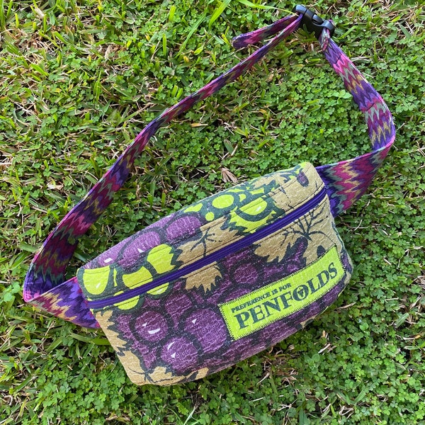 Vintage Fabric Upcycled Bumbag/Fanny Pack/Waist Pouch- Vintage Penfolds Grapes Wine Barkcloth w. Electric Chevron- Purple, Lime Green; OSFM