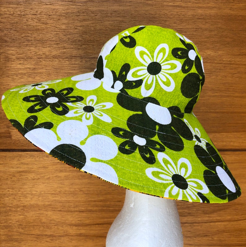 Size Small; Handmade Lime Groovy 70/'s Floral Paisley Reversible Ultrawide Brim Sun Hat: Lime 60/'s Flower Power Barkcloth Rust Orange