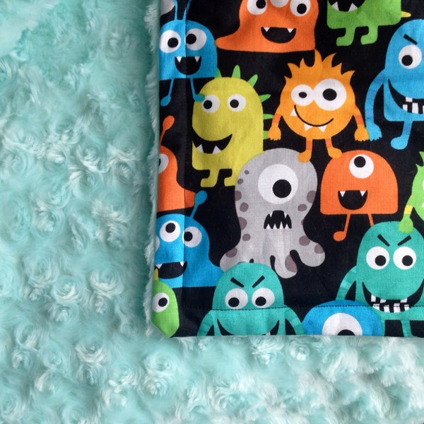 Little kid - Toddler minky blanket, quilt, crib bedding - Multicolored Monsters & Turquoise Aqua Fur Minky