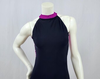 Justaucorps dos nu noir : tour de cou fuchsia, dos nu