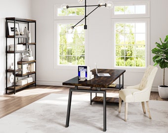 Hardwood Office Desk with Steel and Hardwood Shelving Unit