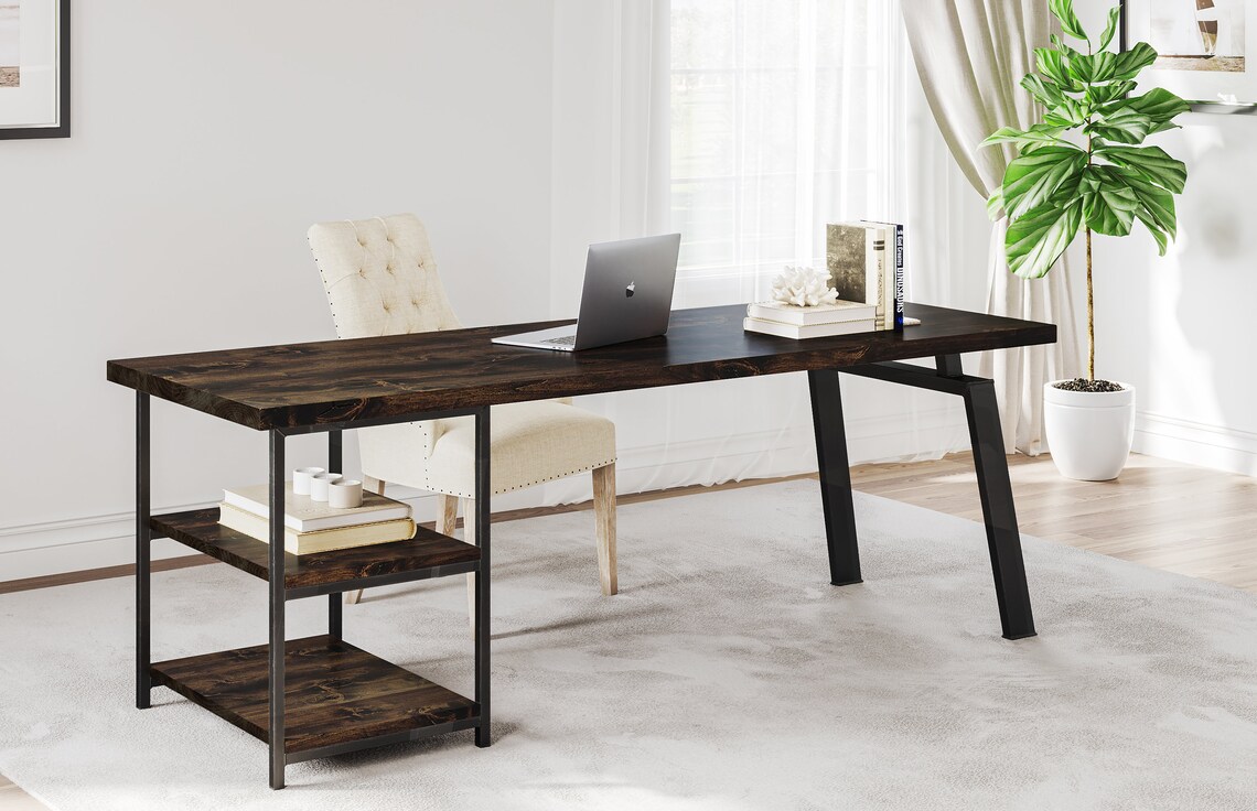 Hardwood Office Desk With Steel and Hardwood Shelving Unit Etsy
