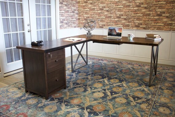 Steel And Wood Corner L Shaped Desk With Filing Cabinet Left Etsy