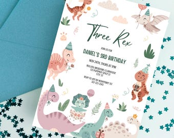 Invitación para fiesta de dinosaurios, cumpleaños de dinosaurios, invitación de dinosaurios, invitación para fiesta de tres T-Rex, plantilla digital