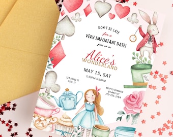 Invitación de cumpleaños de Alicia en el País de las Maravillas: Fiesta del Té del Sombrerero Loco (Descarga instantánea imprimible y editable)
