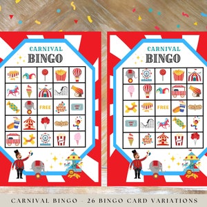 Carnaval bingospel, carnavalsspelletjes, circus afdrukbare bingo, verjaardagsspelletjes, familiespel avond carnaval direct downloaden