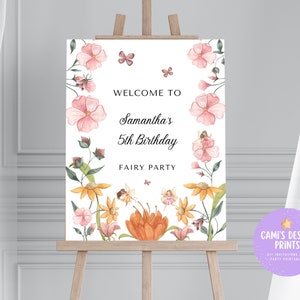 Letrero de bienvenida de cumpleaños de Hada de las Flores: Decoración imprimible (editable)
